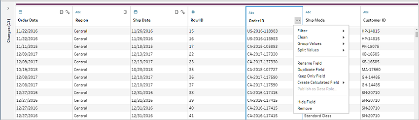 기타 옵션 메뉴가 표시된 Tableau Prep 흐름의 데이터 그리드입니다.