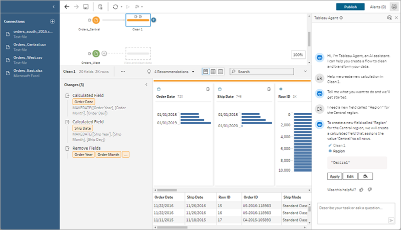 Tableau Prep 흐름으로, 계산 요청에 대한 Tableau Agent 응답이 표시되어 있습니다.