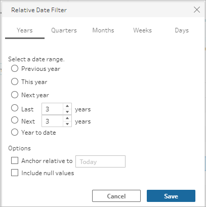 연도, 분기, 월, 주, 일 등의 옵션이 있는 기준 날짜 필터입니다.