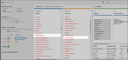 Tableau Prep은 Google BigQuery가 하이라이트된 조인 클래스를 표시합니다.