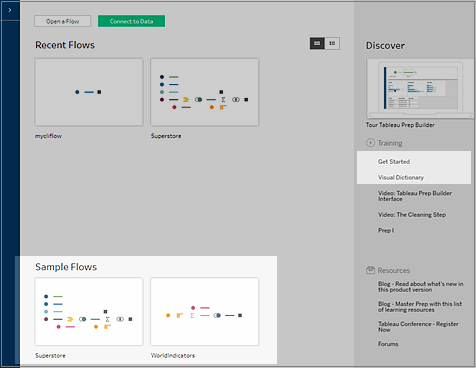 Tableau Prep 홈 페이지의 흐름 샘플입니다.
