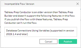 오래된 Tableau Prep Conductor 버전이 작동 중이라는 알림입니다.