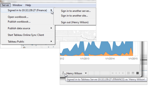 통합 문서 열기, 데이터 게시, 로그아웃 등의 옵션을 표시하는 Tableau Server 메뉴입니다.사용자의 현재 로그인 상태도 표시된 메뉴입니다.