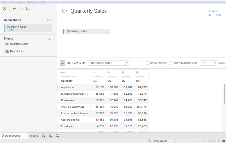 Microsoft Excel 데이터 원본의 예입니다.