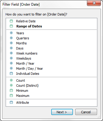 주문 날짜를 필터링하기 위한 옵션이 있는 필터 필드 대화 상자입니다.