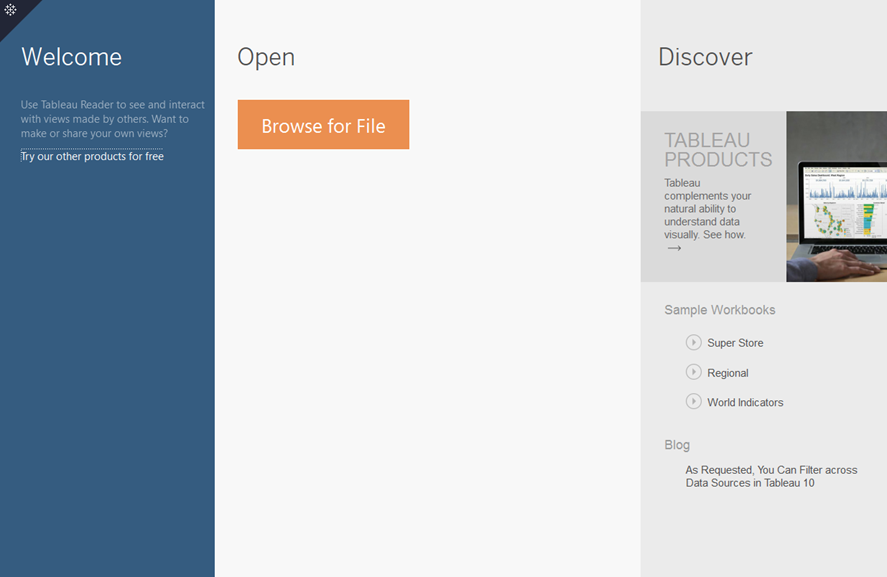 Tableau Reader의 홈 페이지입니다.