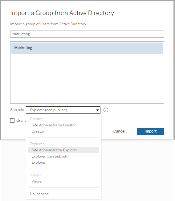 Active Directory에서 그룹을 가져오기 위한 대화 상자이며, 사이트 역할 드롭다운이 확장되고 사이트 관리자 Explorer가 선택되어 있습니다.
