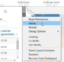 정보, 다시 로드, 디버그 옵션, 부동, 너비 고정, 너비 편집, 레이아웃 컨테이너 선택, 선택 취소, 대시보드에서 제거 등의 옵션이 있는 상황에 맞는 메뉴입니다.