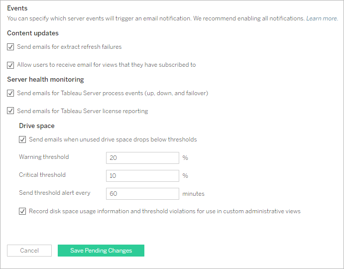 Een dialoogvenster om e-mailmeldingen voor servergebeurtenissen te configureren.