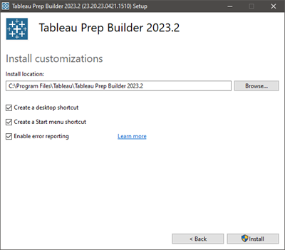 Een Tableau Prep Builder-installatievenster met opties voor het aanpassen van de installatie.