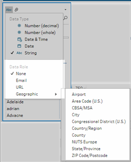 Het menu Datarol en het submenu Geografie.