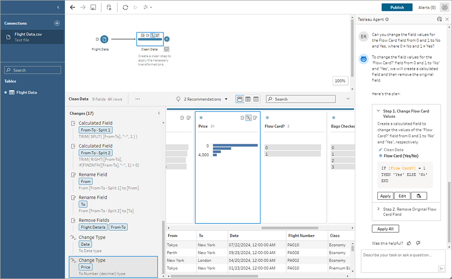 Een Tableau Prep-flow met Tableau Agent geopend, met daarin de volgende aanvraag en actie/reactie.