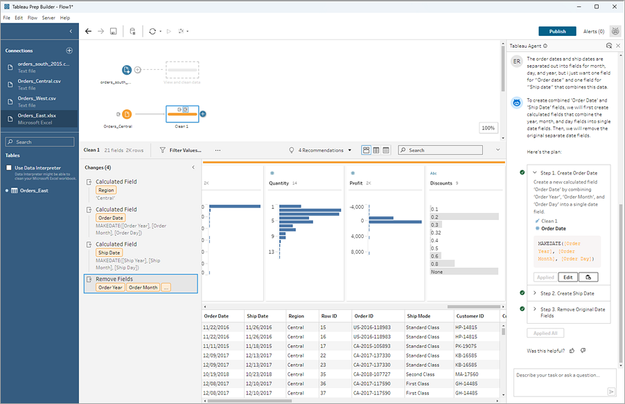 Tableau Agent in Tableau Prep met toegepaste stappen en wijzigingen.