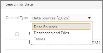 Het deelvenster Zoeken naar data met het inhoudstype Databronnen geselecteerd.