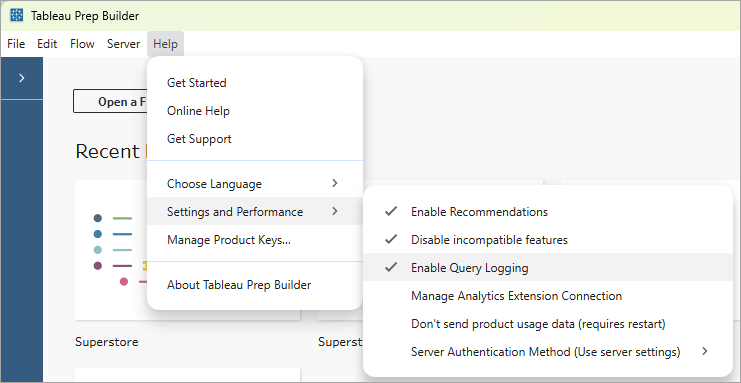 Help-menu in Tableau Prep met de opties in het menu Instellingen en Prestaties.