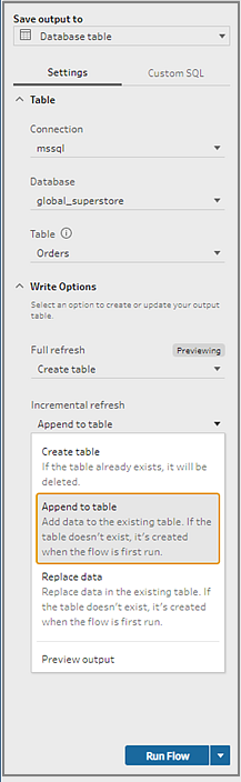 Het menu Uitvoer opslaan in, met de optie Toevoegen aan tabel geselecteerd. 