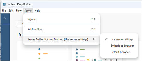 Menu voor serververificatiemethode van Tableau Prep Builder.