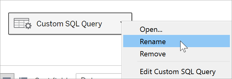 Opties voor het openen, hernoemen, verwijderen of bewerken van een aangepaste SQL-query.