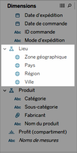 Locatiegedeelte van het deelvenster Data waarin de locatiehiërarchie van geografische dimensies wordt weergegeven.