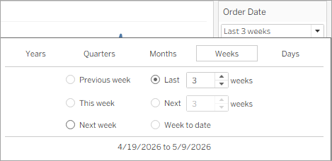 Een visualisatie gefilterd op relatieve datums van 1 januari 2018 tot en met 31 december 2020.