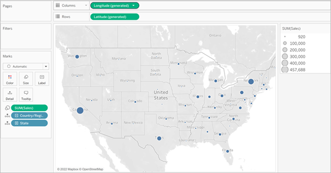Een puntenkaart van de Verenigde Staten met verkoopdata per staat, gecodeerd in markeringsgrootte.