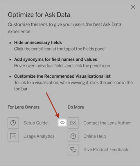 Dialoogvenster Optimaliseren voor Data 'opvragen', met het oogpictogram gehighlight zodat de optie wordt weergegeven om contact op te nemen met de auteur van de lens.