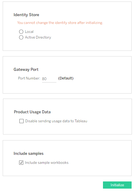 Een configuratieformulier waarmee u het identiteitenarchief, de gatewaypoort, productgebruiksdata en voorbeeldwerkmappen kunt instellen.