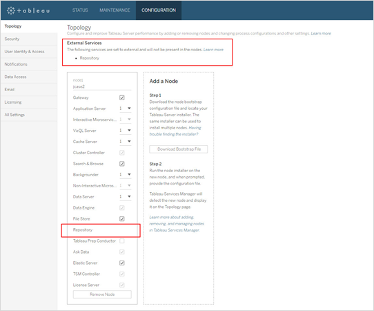 Een configuratiepagina in Tableau Server met een lijst met externe services.