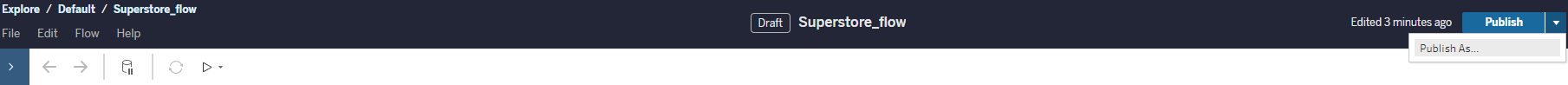 De bovenste balk van een Tableau Prep-flow op het web met de knoppen Publiceren en Publiceren als.