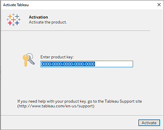 Uma janela de ativação do Tableau. Digite uma chave de produto para ativar o software. É fornecido um link para o site de suporte do Tableau.
