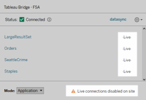Um Tableau Bridge vinculado às suas fontes de dados com conexões ativas desabilitadas no site.