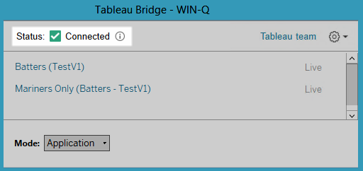 Uma janela do Tableau Bridge exibe o status da conexão "Conectado", com opções para "Batters (TestV1)" e "Somente Mariners (Batters—TestV1)".