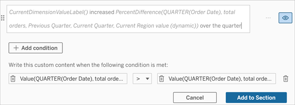 A caixa de diálogo de condição é aberta, e o conteúdo personalizado é inserido conforme descrito na etapa 12.