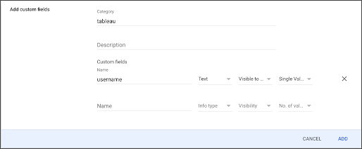 Console de administração do Google Workspace com caixa de diálogo para adicionar campos personalizados.