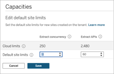 Imagem da página de configuração “Editar limites de site padrão” na página Capacidades do TCM.