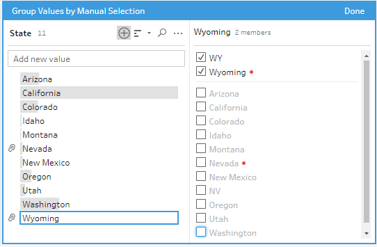 Editor de valores de grupo no Tableau Prep mostrando valores que não estão no conjunto de dados marcados com um ponto vermelho ao lado dos nomes dos valores.