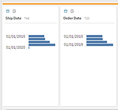 Dois campos em um painel Perfil de fluxo do Tableau mostram dados agrupados em compartimentos e representados como um gráfico de barras horizontais.