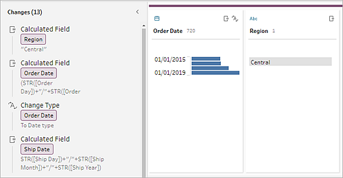 O painel Alterações mostra uma lista de todas as alterações feitas em uma etapa do fluxo do Tableau Prep.
