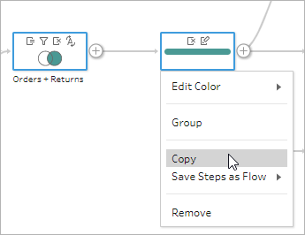 Menu de clique direito para uma etapa em um painel de fluxo do Tableau Prep com a opção Copiar destacada.