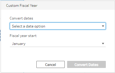 Um menu para definir um ano fiscal personalizado em um campo, incluindo opções para conversão de data, seleção de data e data de início.