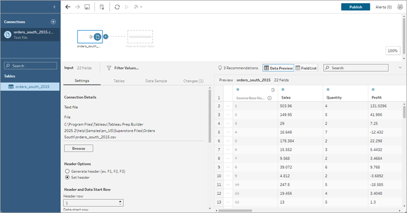 Uma interface do Tableau Prep exibe configurações de etapas de entrada para detalhes do pedido.