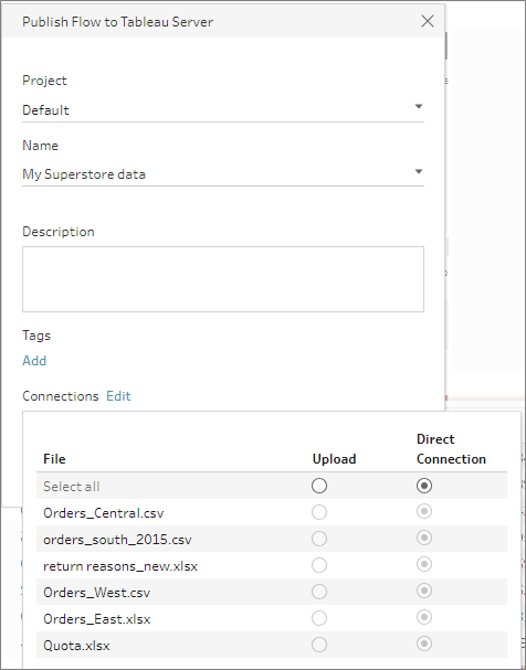 Publique o fluxo no Tableau Server com botões de opção para escolher uma conexão.