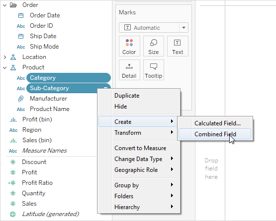 Um menu suspenso com a opção para criar um campo combinado selecionado.