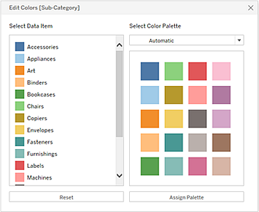 A janela Editar cores permite selecionar itens de dados e aplicar uma paleta de cores.