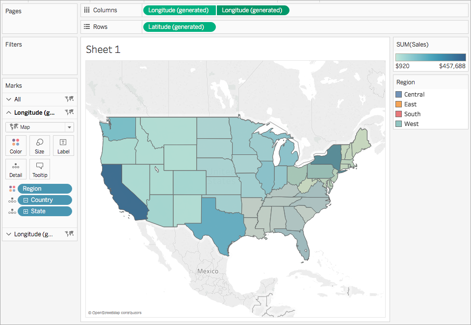 Um mapa que exibe as vendas por região nos Estados Unidos.