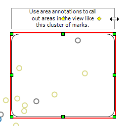 Um gráfico de dispersão com uma caixa vermelha que destaca um conjunto de pontos de dados e uma caixa de título que está sendo arrastada para a direita para redimensionar.