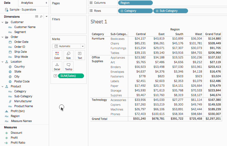 Arraste subtotais para um gráfico de texto no Tableau.