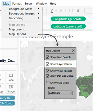 O menu de opções do mapa com caixas de seleção para mostrar pesquisa de mapa, controle de camadas, barra de ferramentas de exibição e panorâmica e zoom. A caixa de seleção para mostrar que a escala do mapa está desmarcada.