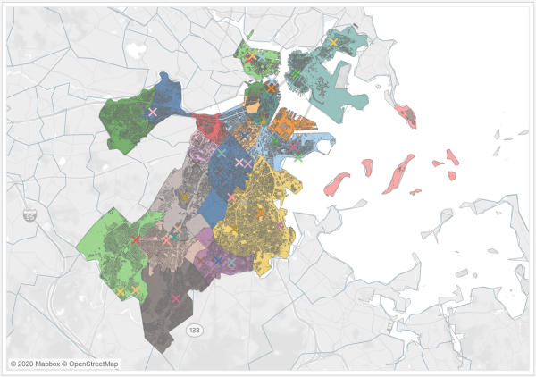 Um mapa de eixo duplo dos bairros de Boston.