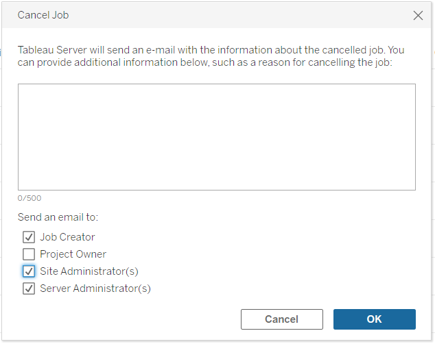 Caixa de diálogo Cancelar tarefa com a caixa de seleção para enviar um e-mail aos administradores do site sobre tarefas canceladas destacada.